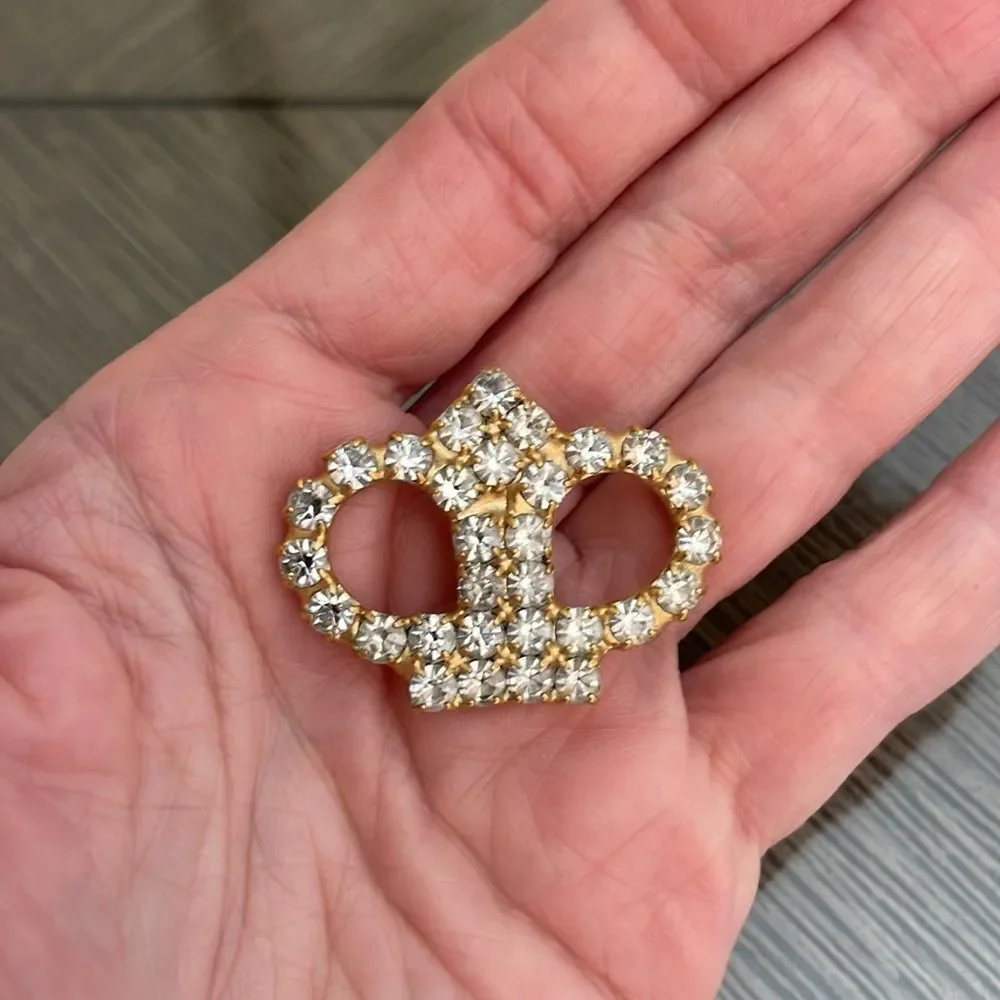 Vintage Gold-tone Crown Brooch with Rhinestones